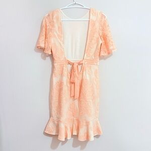 Cream & Pink Lace Dress w Flutter Sleeve & Ruffle Trim Open Back w Pink Tie Bow